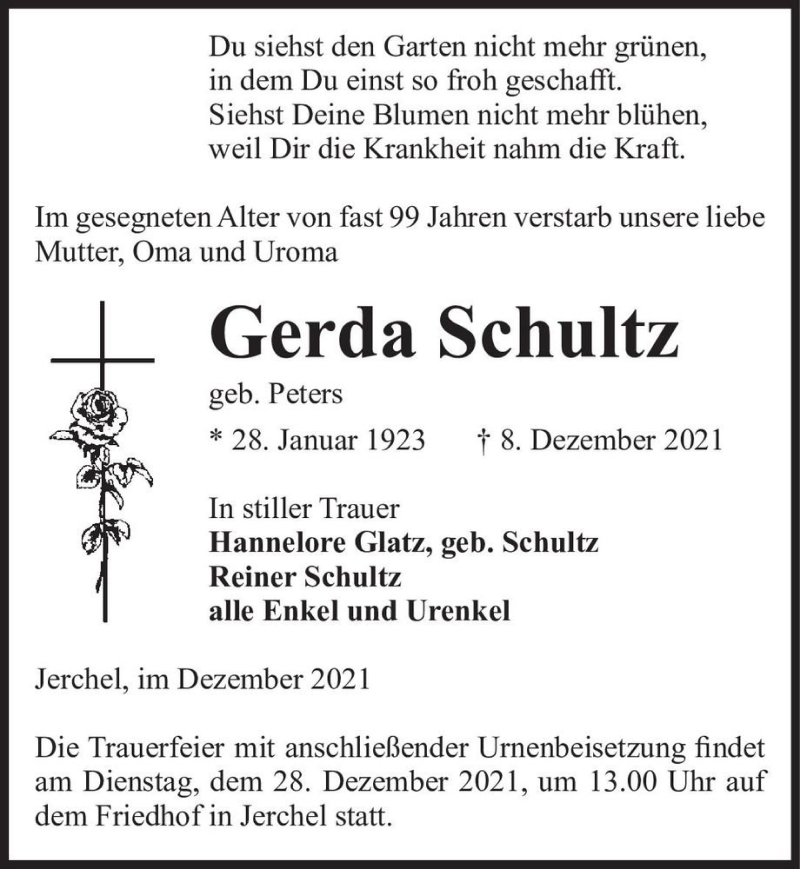  Traueranzeige für Gerda Schultz (geb. Peters)  vom 16.12.2021 aus Magdeburger Volksstimme