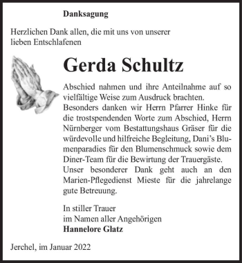 Traueranzeige von Gerda Schulz  von Magdeburger Volksstimme