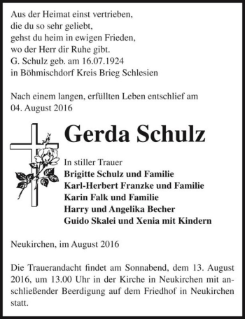 Traueranzeige von Gerda Schulz  von Magdeburger Volksstimme