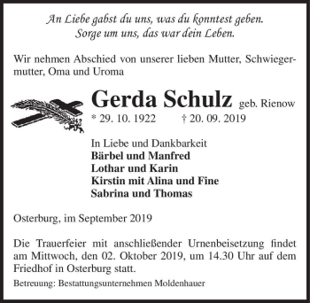 Traueranzeige von Gerda Schulz (geb. Rienow)  von Magdeburger Volksstimme