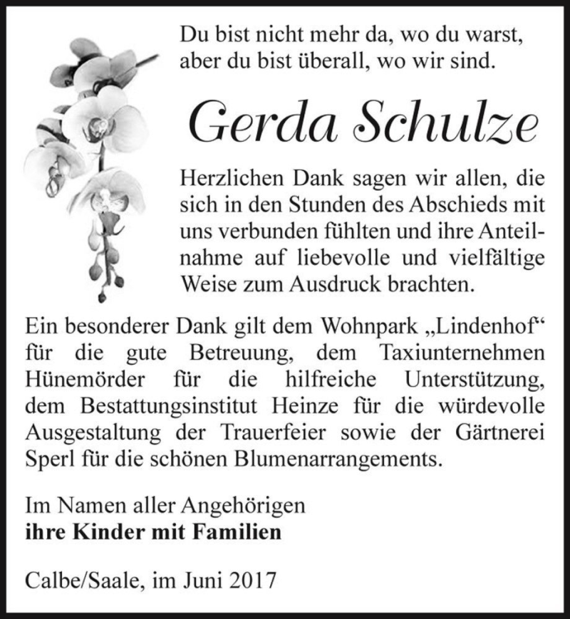  Traueranzeige für Gerda Schulze  vom 08.07.2017 aus Magdeburger Volksstimme