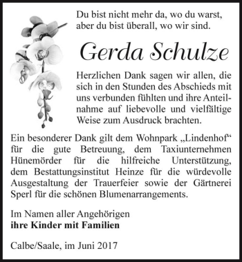 Traueranzeige von Gerda Schulze  von Magdeburger Volksstimme