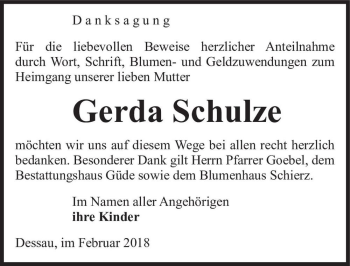 Traueranzeige von Gerda Schulze  von Magdeburger Volksstimme