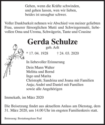 Traueranzeige von Gerda Schulze (geb. Arlt)  von Magdeburger Volksstimme