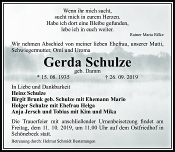Traueranzeige von Gerda Schulze (geb. Damm)  von Magdeburger Volksstimme