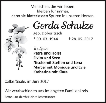 Traueranzeige von Gerda Schulze (geb. Doberitzsch)  von Magdeburger Volksstimme