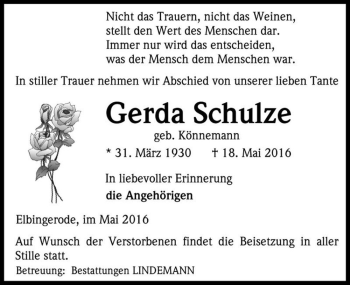 Traueranzeige von Gerda Schulze (geb. Könnemann)  von Magdeburger Volksstimme