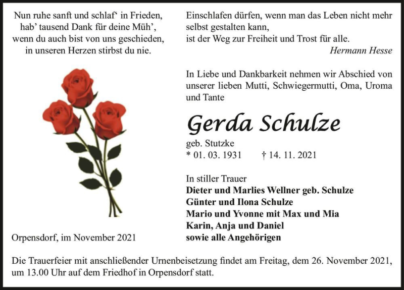 Traueranzeige für Gerda Schulze (geb. Stutzke)  vom 19.11.2021 aus Magdeburger Volksstimme