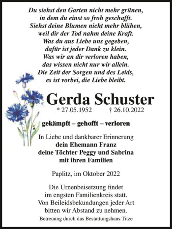 Traueranzeige von Gerda Schuster  von Magdeburger Volksstimme