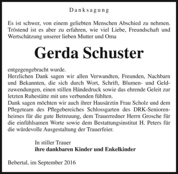 Traueranzeige von Gerda Schuster  von Magdeburger Volksstimme
