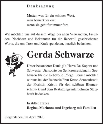 Traueranzeige von Gerda Schwarze  von Magdeburger Volksstimme