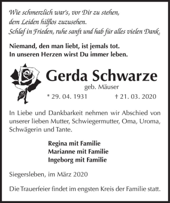 Traueranzeige von Gerda Schwarze (geb. Mäuser)  von Magdeburger Volksstimme