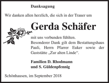 Traueranzeige von Gerda Schäfer  von Magdeburger Volksstimme