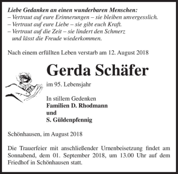 Traueranzeige von Gerda Schäfer  von Magdeburger Volksstimme