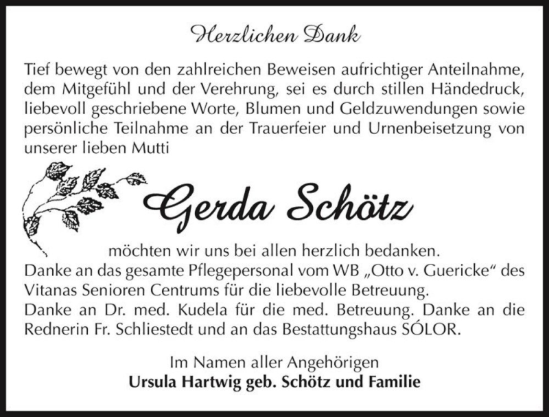  Traueranzeige für Gerda Schötz  vom 25.03.2017 aus Magdeburger Volksstimme
