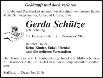 Traueranzeige von Gerda Schütze (geb. Schäling)  von Magdeburger Volksstimme