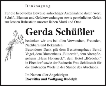 Traueranzeige von Gerda Schüßler  von Magdeburger Volksstimme