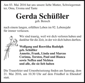 Traueranzeige von Gerda Schüßler (geb. Bensch)  von Magdeburger Volksstimme