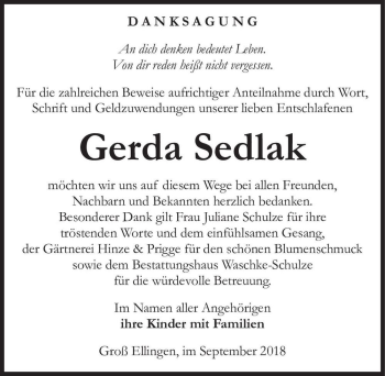 Traueranzeige von Gerda Sedlak  von Magdeburger Volksstimme