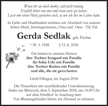 Traueranzeige von Gerda Sedlak (geb. Fischer)  von Magdeburger Volksstimme