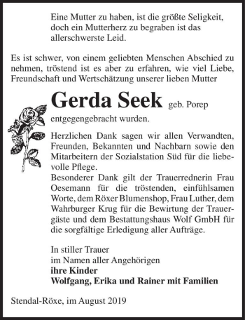 Traueranzeige von Gerda Seek (geb. Porep)  von Magdeburger Volksstimme