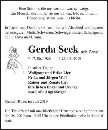 Traueranzeige von Gerda Seek (geb. Porep)  von Magdeburger Volksstimme