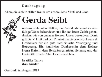Traueranzeige von Gerda Seibt  von Magdeburger Volksstimme