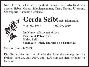 Traueranzeige von Gerda Seibt (geb. Blumenthal)  von Magdeburger Volksstimme