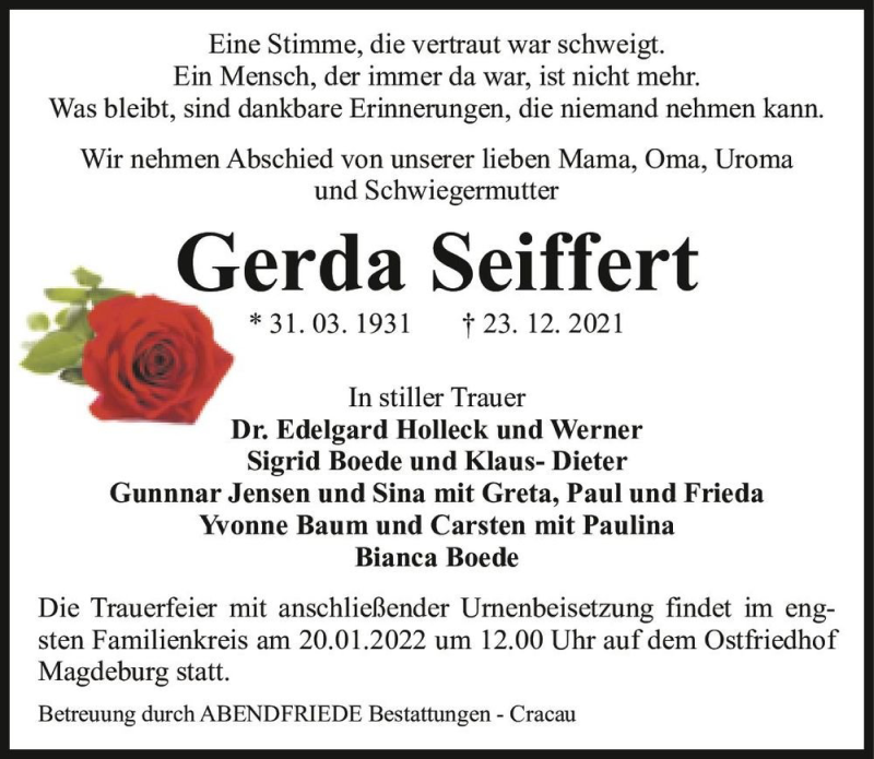  Traueranzeige für Gerda Seiffert  vom 08.01.2022 aus Magdeburger Volksstimme