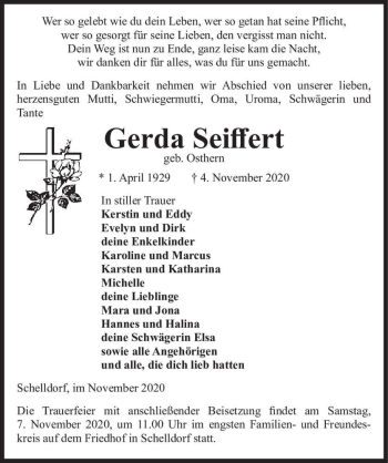 Traueranzeige von Gerda Seiffert (geb. Osthern)  von Magdeburger Volksstimme