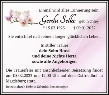 Traueranzeige von Gerda Selke (geb. Schley)  von Magdeburger Volksstimme