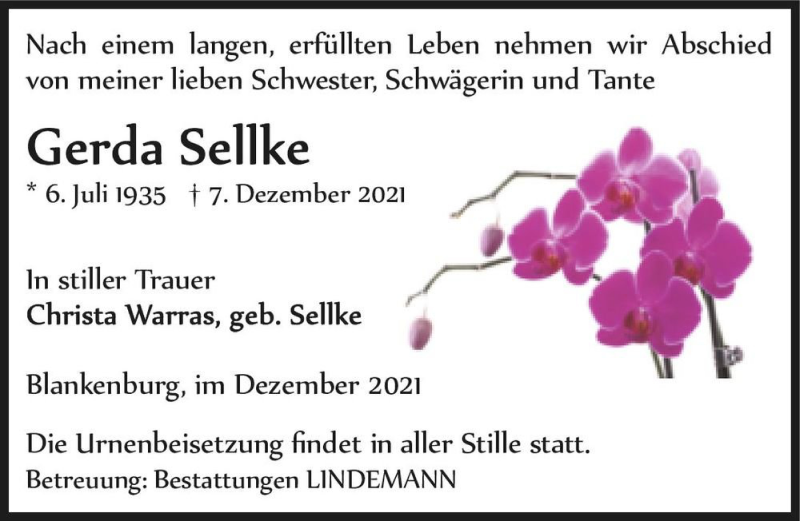  Traueranzeige für Gerda Sellke  vom 18.12.2021 aus Magdeburger Volksstimme