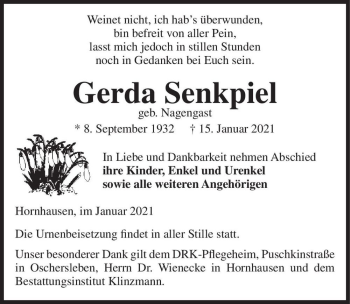 Traueranzeige von Gerda Senkpiel (geb. Nagengast)  von Magdeburger Volksstimme