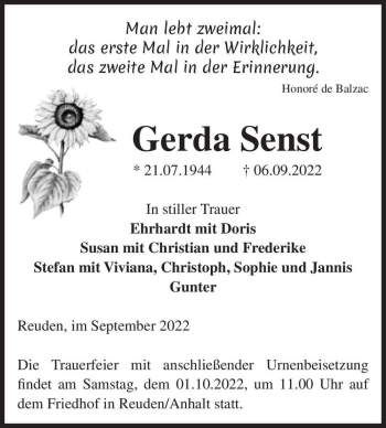Traueranzeige von Gerda Senst  von Magdeburger Volksstimme
