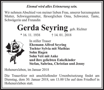 Traueranzeige von Gerda Seyring (geb. Richter)  von Magdeburger Volksstimme