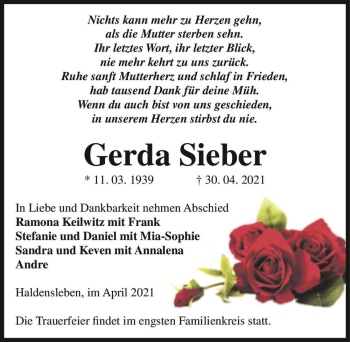 Traueranzeige von Gerda Sieber  von Magdeburger Volksstimme
