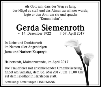 Traueranzeige von Gerda Siemenroth  von Magdeburger Volksstimme