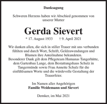 Traueranzeige von Gerda Sievert  von Magdeburger Volksstimme