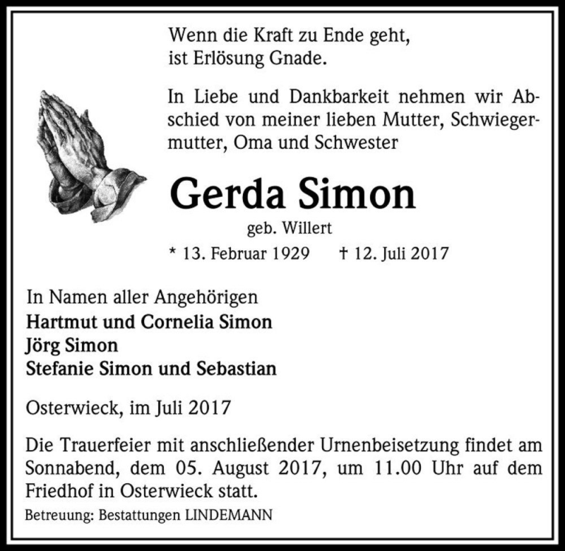 Traueranzeige für Gerda Simon (geb. Willert)  vom 22.07.2017 aus Magdeburger Volksstimme
