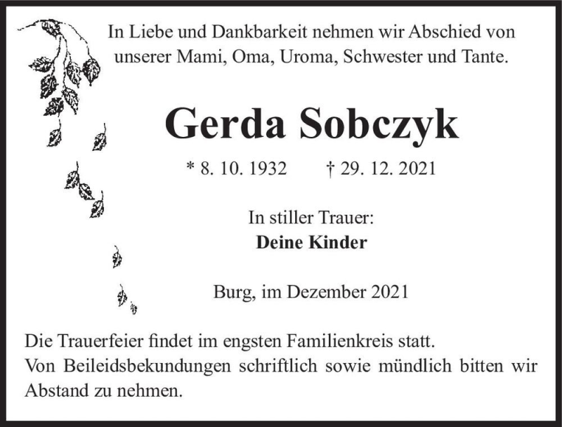  Traueranzeige für Gerda Sobczyk  vom 08.01.2022 aus Magdeburger Volksstimme