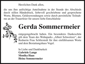 Traueranzeige von Gerda Sommermeier  von Magdeburger Volksstimme