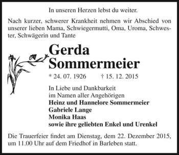 Traueranzeige von Gerda Sommermeier  von Magdeburger Volksstimme