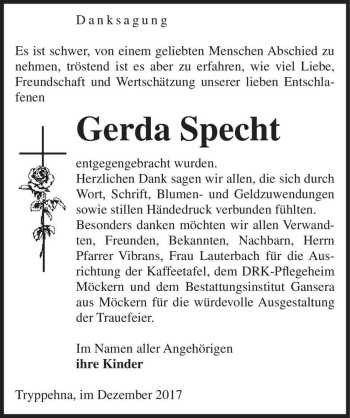 Traueranzeige von Gerda Specht  von Magdeburger Volksstimme