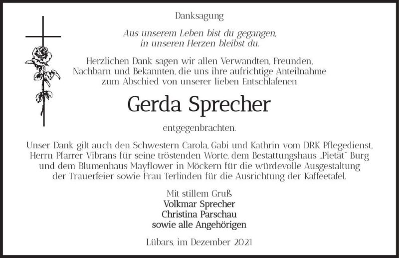  Traueranzeige für Gerda Sprecher  vom 23.12.2021 aus Magdeburger Volksstimme