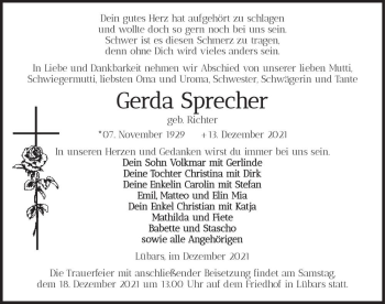 Traueranzeige von Gerda Sprecher (geb. Richter)  von Magdeburger Volksstimme