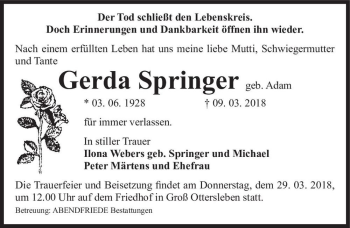 Traueranzeige von Gerda Springer (geb. Adam)  von Magdeburger Volksstimme