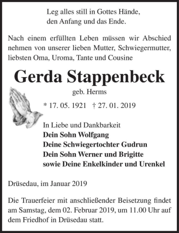 Traueranzeige von Gerda Stappenbeck (geb. Herms)  von Magdeburger Volksstimme