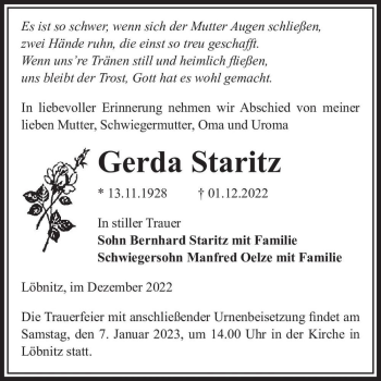 Traueranzeige von Gerda Staritz  von Magdeburger Volksstimme