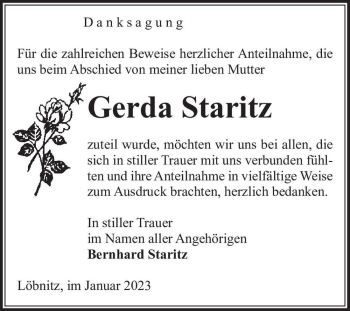 Traueranzeige von Gerda Staritz  von Magdeburger Volksstimme