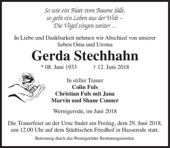 Traueranzeige von Gerda Stechhahn  von Magdeburger Volksstimme